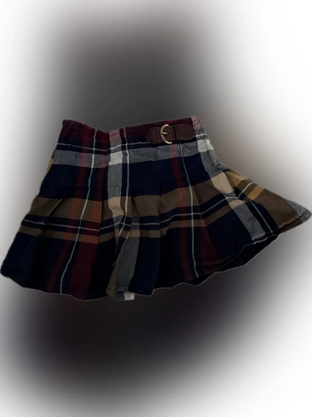 Girls Pleated Plaid Skirt with Belt Accent - Navy, Brown, Cream